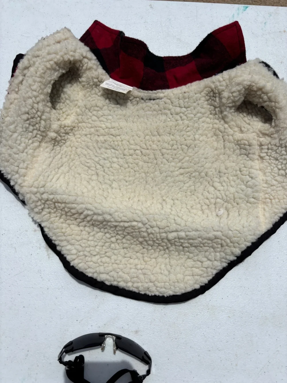 Red & Black Buffalo Plaid Woolrich Dog Coat with sunglasses